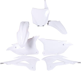 Polisport Plastics white plastic body kit for motorcycles, featuring durable panels and a sleek design.