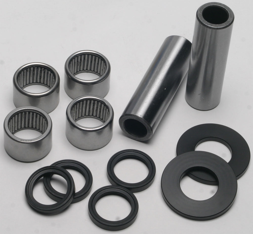All Balls swingarm bearing kit 22-81134 for motorcycle suspension, showing bearings and components arranged for installation.