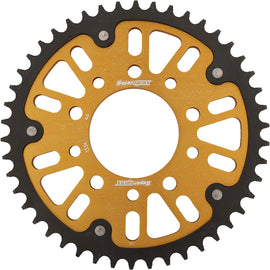 Supersprox rear stealth aluminum and steel 46-tooth motorcycle sprocket for on-road use, featuring a gold tri-color design.