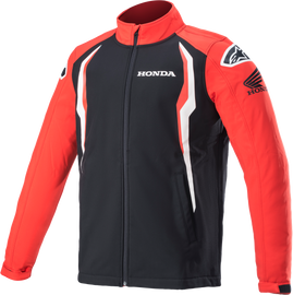 Alpine Star Honda softshell jacket in red and black, shown with front view and zip closure, lightweight outdoor apparel.
