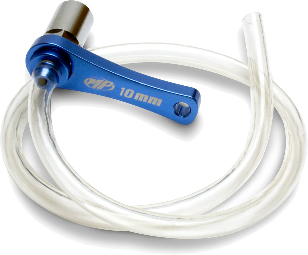 Motion Pro Mini Bleeder 10mm motorcycle brake bleeding tool, compact and durable, shown with its sleek metal body and detailed components.