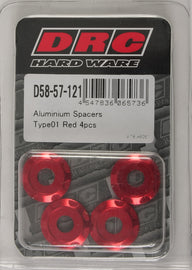 DRC Aluminum Spacers Type 1 Red M6x12mm, 4-pack, shown in close-up with red anodized finish and precise dimensions.