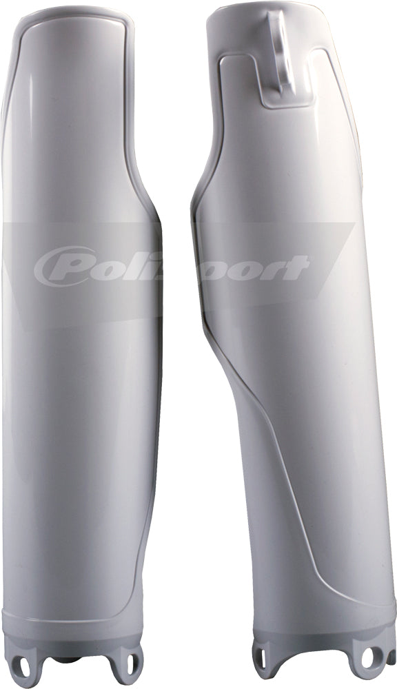 Polisport Plastics white fork guards for motocross bikes, part number 64-3940, shown on a motorcycle fork assembly