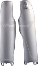 Load image into Gallery viewer, Polisport Plastics white fork guards for motocross bikes, part number 64-3940, shown on a motorcycle fork assembly