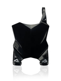 Acerbis Raptor front number plate for Kawasaki, black body panel with mounting holes, designed for motocross or dirt bike racing.