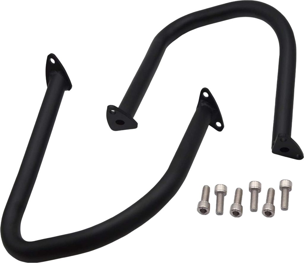 Black PUIG engine guards for all Scout models from 2015 to 2025, shown mounted on the motorcycle's engine area.