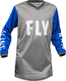 Fly Racing Youth F-16 Grey and Blue motocross jersey for kids, featuring breathable fabric and vibrant design details.