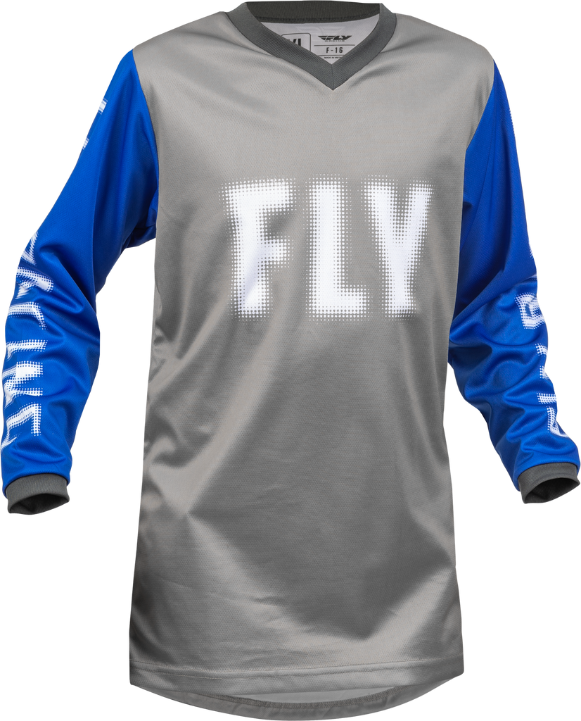 Fly Racing Youth F-16 Jersey in grey and blue, featuring lightweight fabric and sporty design for motocross or racing activities.