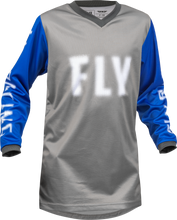 Load image into Gallery viewer, Fly Racing Youth F-16 Jersey in grey and blue, featuring lightweight fabric and sporty design for motocross or racing activities.