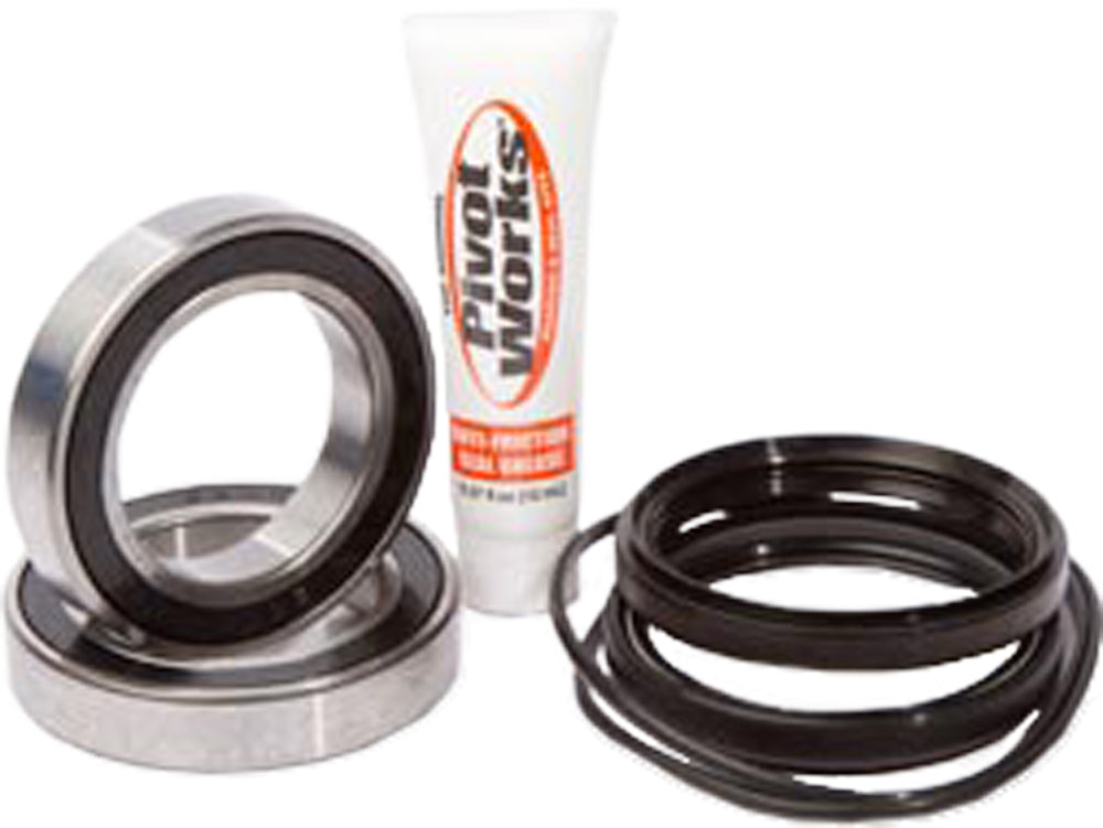 Pivot Works rear wheel bearing kit 52-0510 for drive system, showing new bearing components installed on a motorcycle wheel.