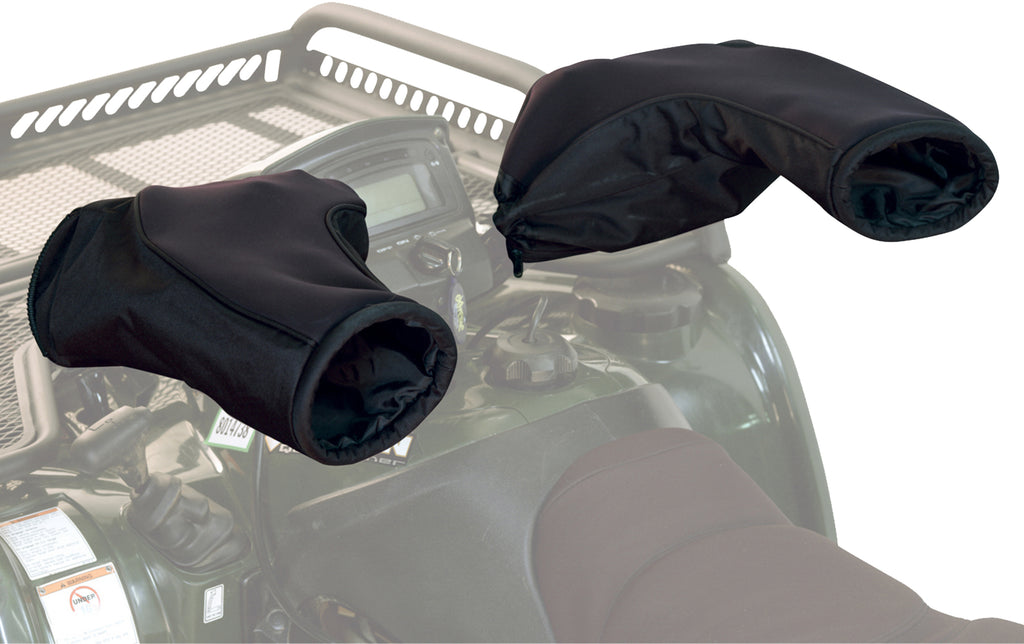 Black Kolpin handlebar mitts storage covers attached to handlebars, designed to protect hands and gear during outdoor activities.