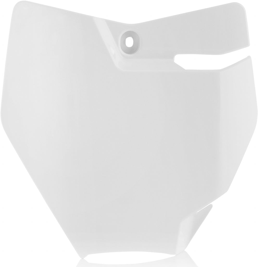 Acerbis white front number plate for motocross or dirt bikes, with mounting holes and branding visible.