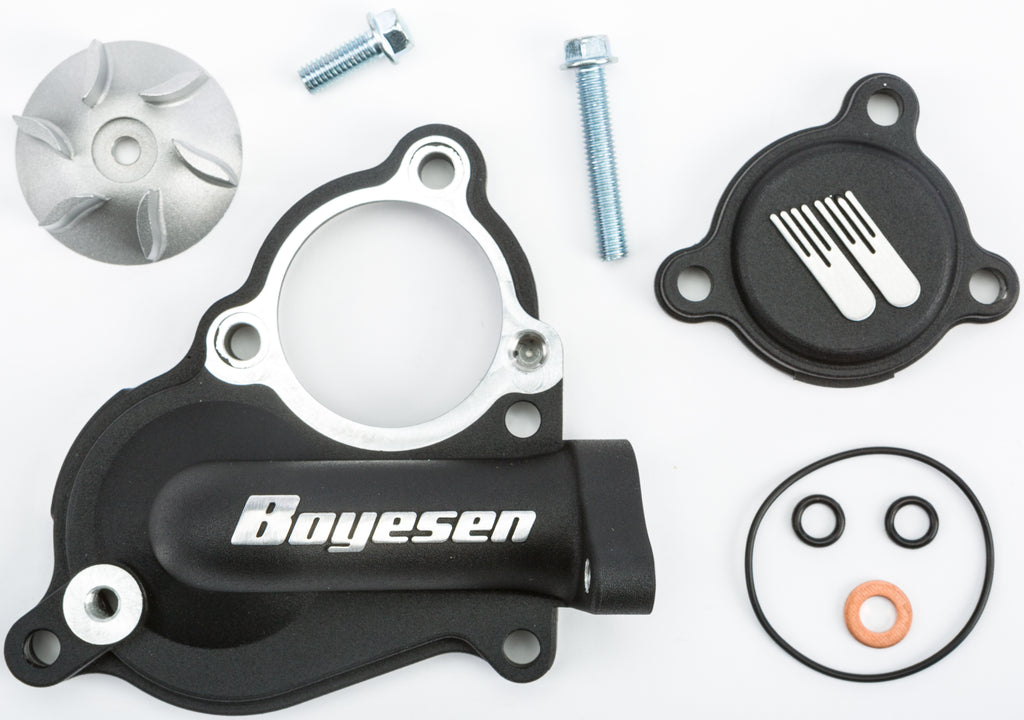 Boyesen waterpump cover and impeller kit in black, featuring engine components and detailed metal parts for water circulation.
