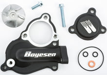 Load image into Gallery viewer, Boyesen waterpump cover and impeller kit in black, featuring engine components and detailed metal parts for water circulation.