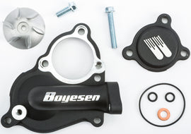 Boyesen waterpump cover and impeller kit in black, featuring engine components and detailed metal parts for water circulation.
