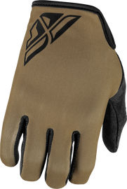Fly Racing Radium gloves in khaki color, featuring padded palms and adjustable wrist straps, designed for motocross riding.
