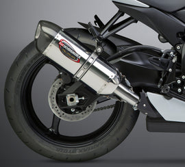 Yoshimura Signature Alpha Slip-On exhaust for motorcycle, featuring a sleek stainless steel and carbon fiber design.