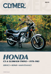 Clymer repair manual for Honda CX, GL500, and GL650 motorcycle models, showing detailed technical illustrations and pages.
