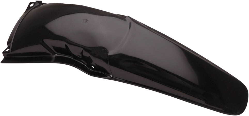 Black Acerbis rear fender for motorcycles, showing the durable plastic design and mounting points in a close-up view.