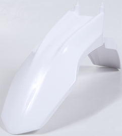 White Polisport Plastics front fender for motorcycles, model 64-6312, shown in the image. Durable plastic motorcycle fender.