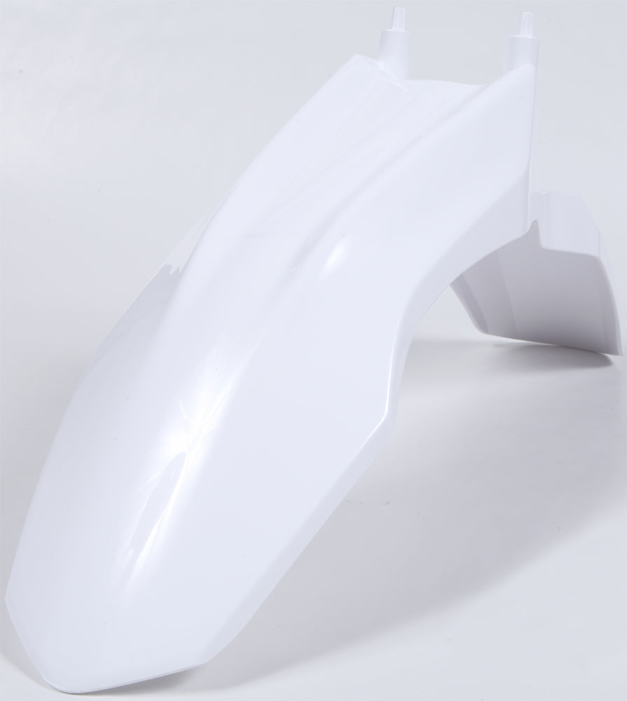 Polisport Plastics white front fender for motorcycles, model 64-6312, showing a close-up of the durable plastic motorcycle fender.