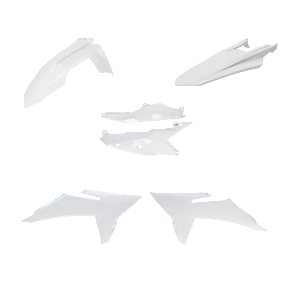 Acerbis white plastic body kit for KTM motorcycle, includes various body panels and components with brand logo visible.