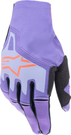 Alpine Star Techstar gloves in purple and black, featuring reinforced palms and adjustable wrist straps for motorcycle riding.