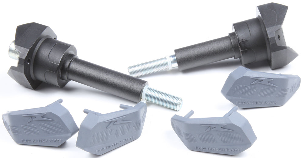 PUIG R12 black frame sliders for motorcycle body protection, with sturdy design and mounting hardware visible in the image.