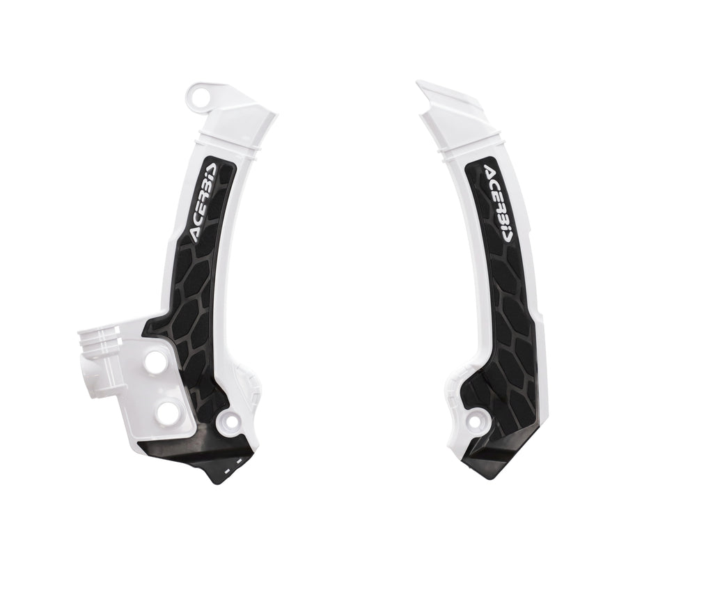 Acerbis X-Grip frame guard for Husqvarna bikes in white and black, mounted on motorcycle frame for protection.