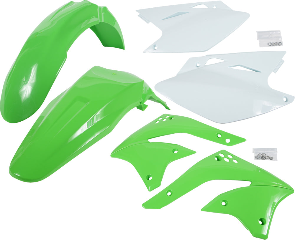 Acerbis green plastic kit for street motorcycle, includes various panels and parts, designed for Acerbis motorcycle accessories.