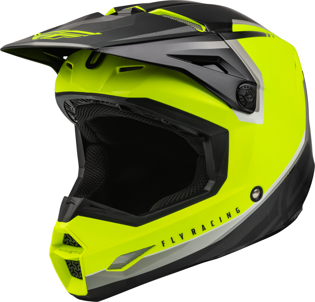 Fly Racing Kinetic Vision helmet in hi-vis yellow and black, medium size, with aerodynamic design and adjustable strap.