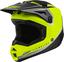 Load image into Gallery viewer, Fly Racing Kinetic Vision helmet in hi-vis yellow and black, medium size, with aerodynamic design and adjustable strap.