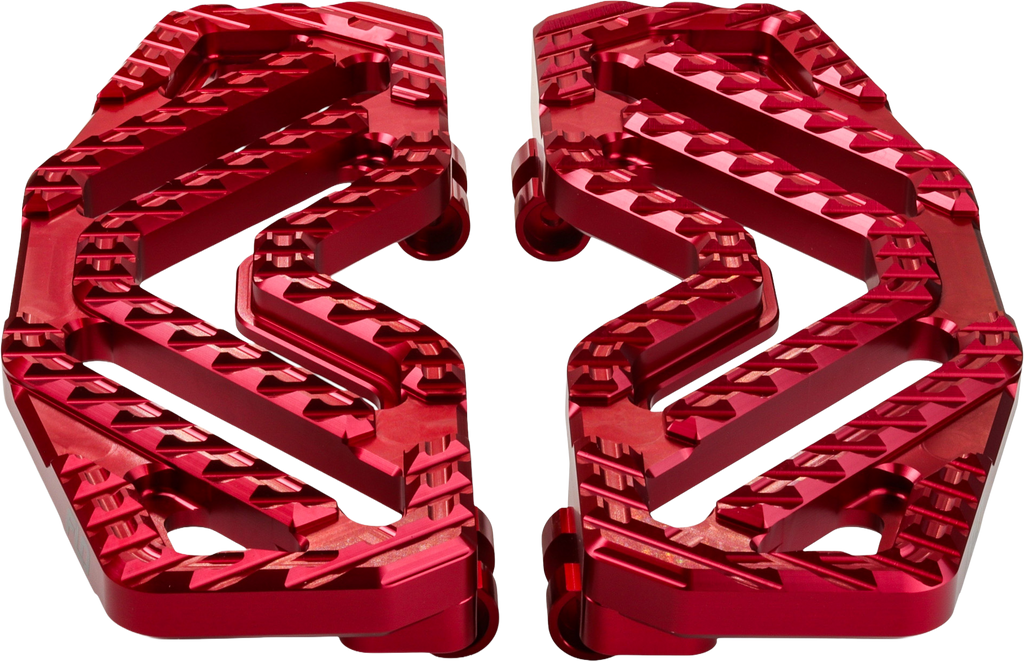 Flo Motorsports Savage floorboards in red, motorcycle foot controls with textured surface and mounting hardware.