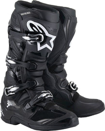 Alpine Star Tech 7 motocross boots in black with reinforced ankle protection and buckle closures, front view.
