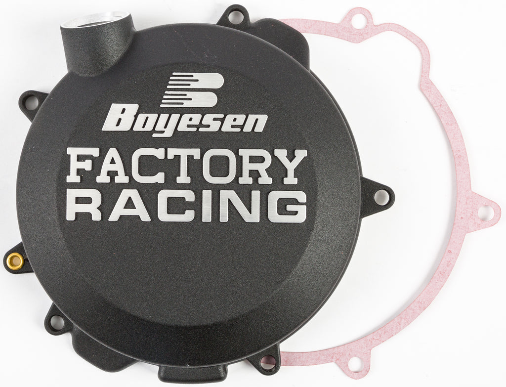 Boyesen Factory Racing Clutch Cover in black for motorcycles, featuring a sleek, durable design with brand logo detail.