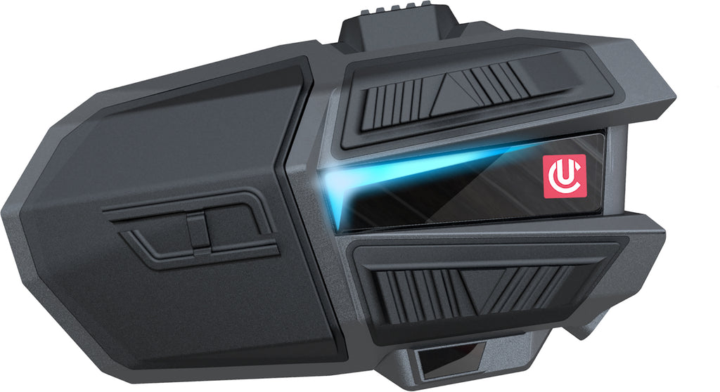UClear Motion Infinity dual Bluetooth motorcycle helmet communication system showing controls and microphone on device
