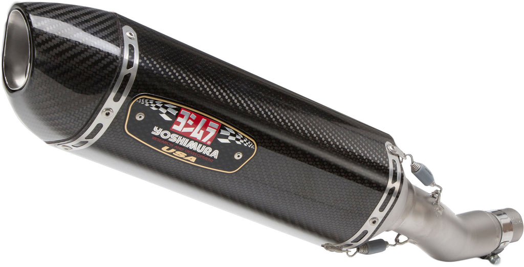 Yoshimura R-77 Race Slip-On exhaust with stainless steel and carbon fiber components for motorcycle performance.