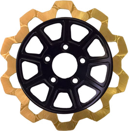 Lyndall Racing Brakes 9-spoke front rotor in black and gold with bow tie design, 11.8 inches diameter for high-performance braking.