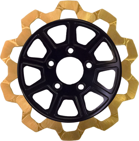 Lyndall Racing Brakes 9 Spoke Front Rotor in black and gold with bow tie design, 11.5-inch diameter for high-performance racing vehicles.