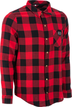 Load image into Gallery viewer, Fly Racing Fly Tek Flannel in red and black, men's medium, displayed with folded fabric showing the stylish pattern and texture.