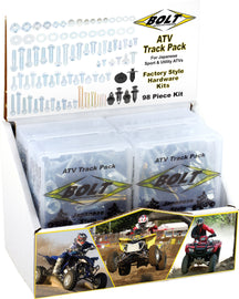 BOLT ATV track pack with six hardware fasteners and fittings for secure all-terrain vehicle track installation.