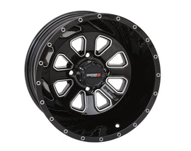 System 3 St4 14x7 off-road wheel in gloss black with machined accents, featuring a 2+5 offset and 4/110 bolt pattern.