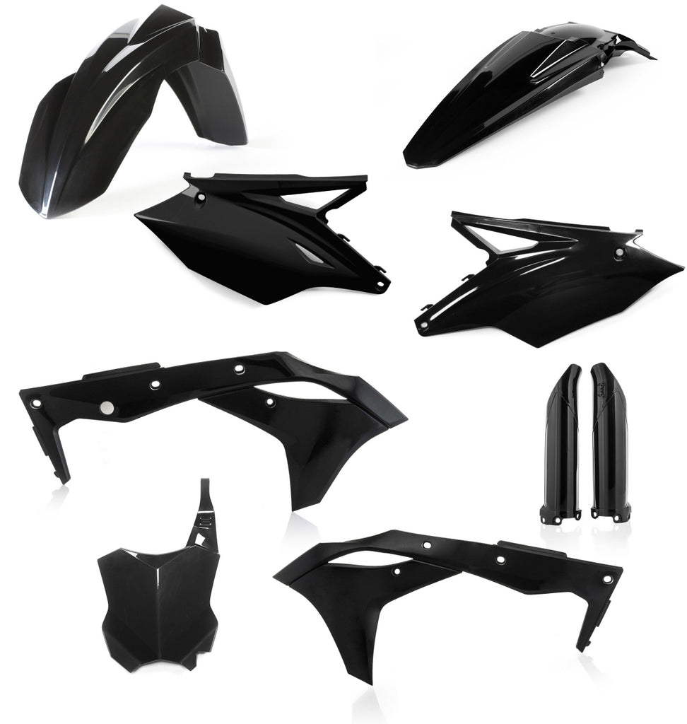 Acerbis black full plastic kit for motorcycles, showing various durable plastic panels and parts arranged together.