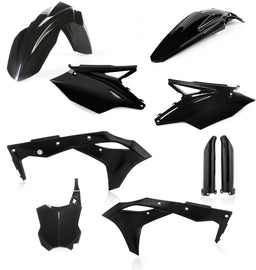 Acerbis black full plastic kit for motorcycles, showing various durable plastic panels and parts arranged together.