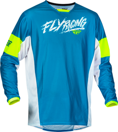 Fly Racing Youth Kinetic Mesh Khaos Jersey in blue, white, and hi-vis colors, featuring breathable mesh fabric for motocross riding.