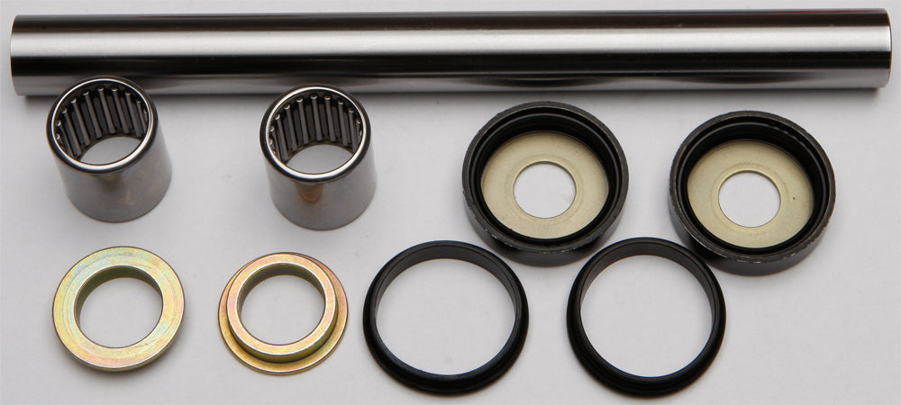 All Balls swingarm bearing kit 22-81180 for motorcycle suspension, showing bearings and components in a clean, organized layout.