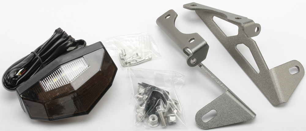 DRC Edge Fender Eliminator smoke lens for off-road motorcycle, showcasing sleek smoked lens design and mounting hardware.