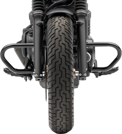 Black Cobra Freeway Bars for Honda Rebel 500 motorcycle, showing sturdy metal construction and mounting points.