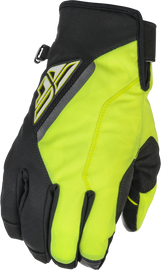 Fly Racing Title Gloves in black and hi-vis with size 10, showing the durable riding gloves with grip details.