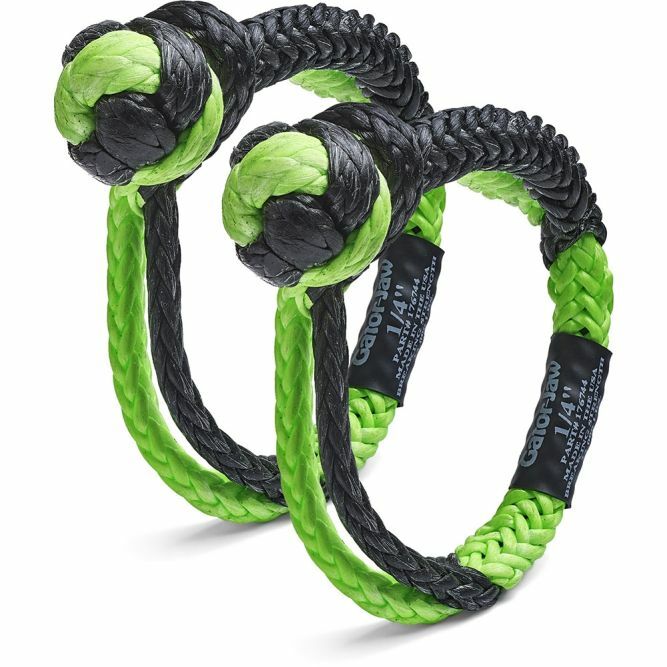 Bubba Rope Gator-Jaw Mini Pair Shackle 1/4 inch for winches, showing sturdy metal construction and secure pin attachment.